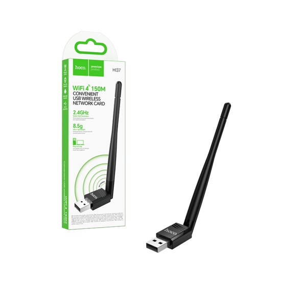 Adaptador Wi-Fi Hoco HI37 com Antena Externa Placa de Rede Sem Fios USB 150Mbps Preto